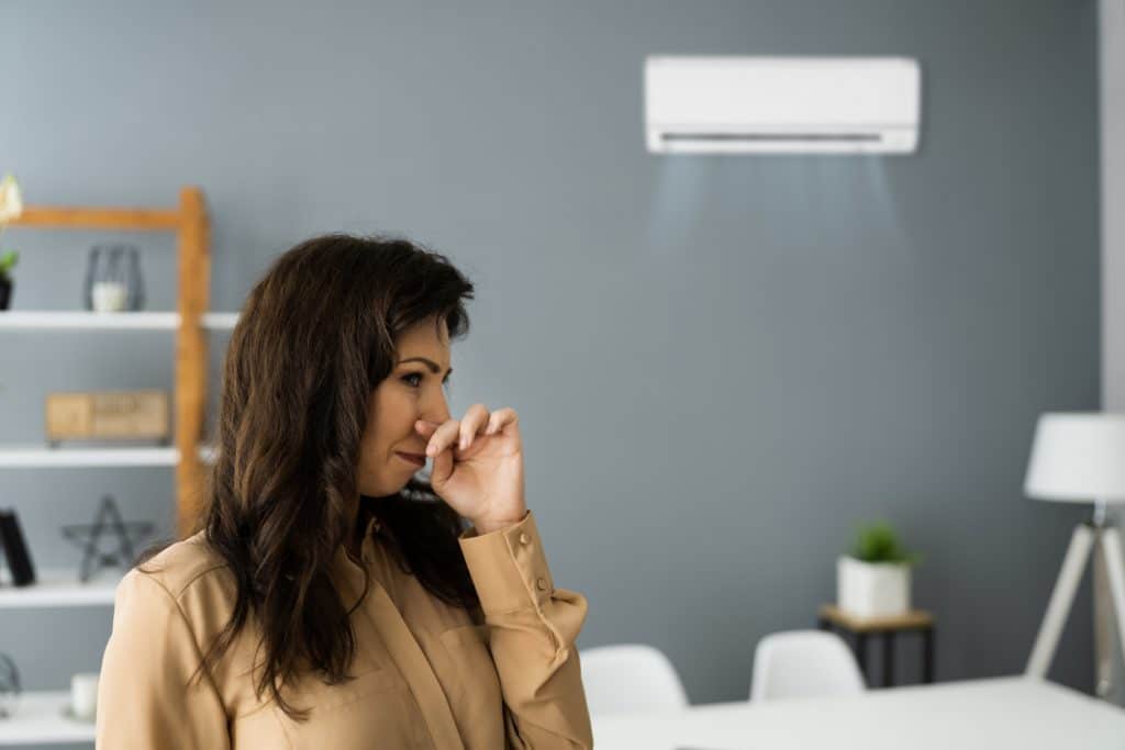 Air Conditioner Odor At Home. Upset Woman