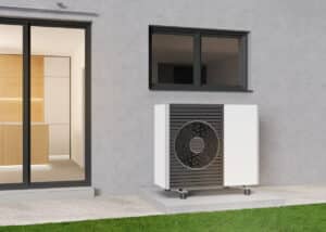 Air heat pump standing outdoors. Modern, environmentally friendly heating. Save your money with air pump. Air source heat pumps are efficient and renewable source of energy. 3d rendering