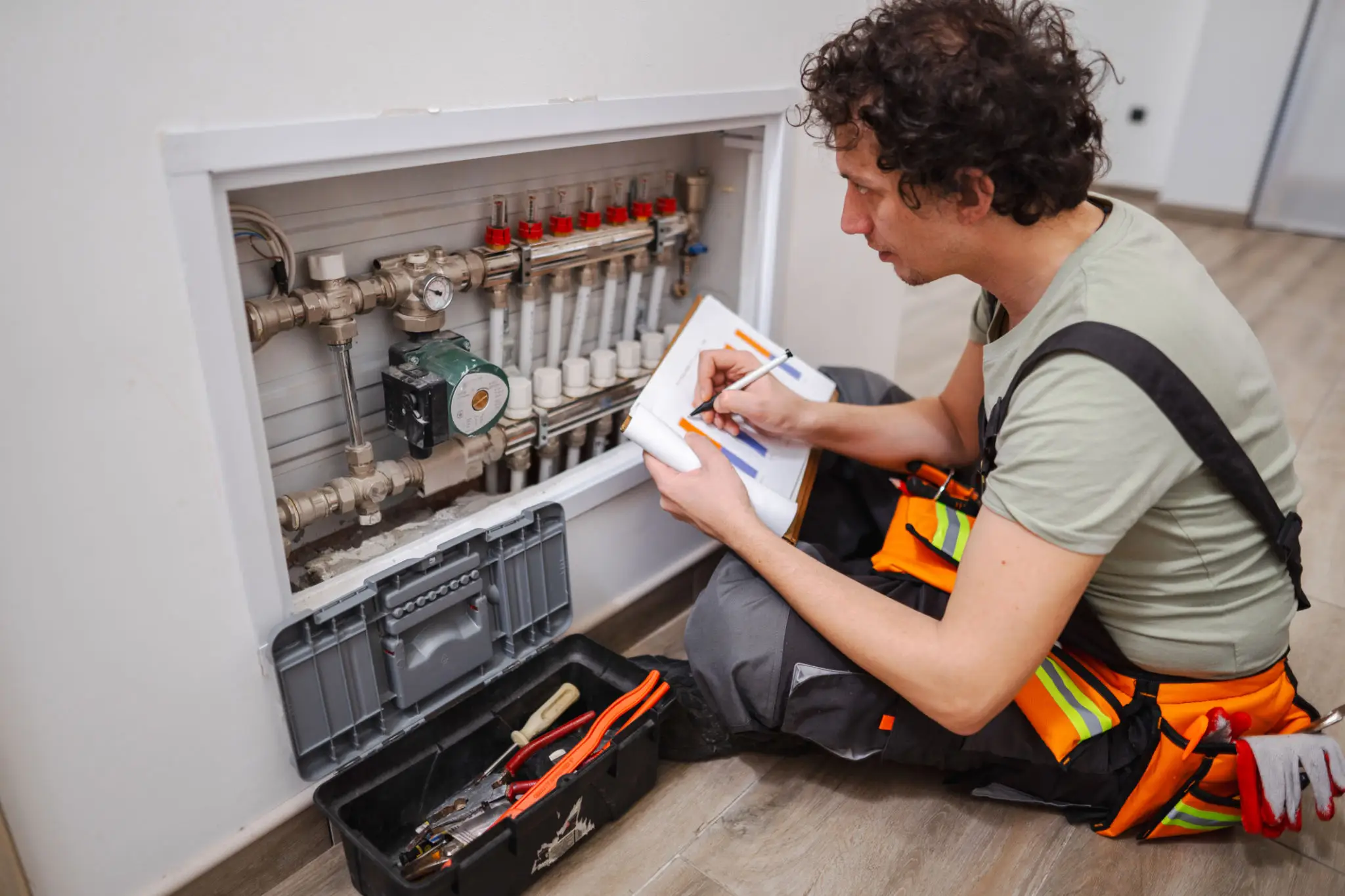 Technician inspecting and recording data from a heating system.