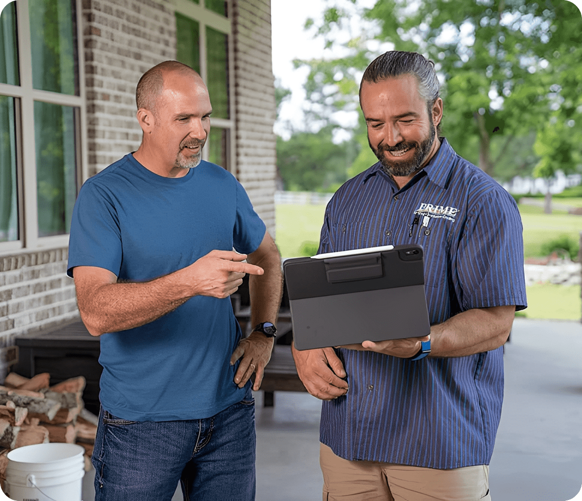 Two men discussing a tablet outdoors.
