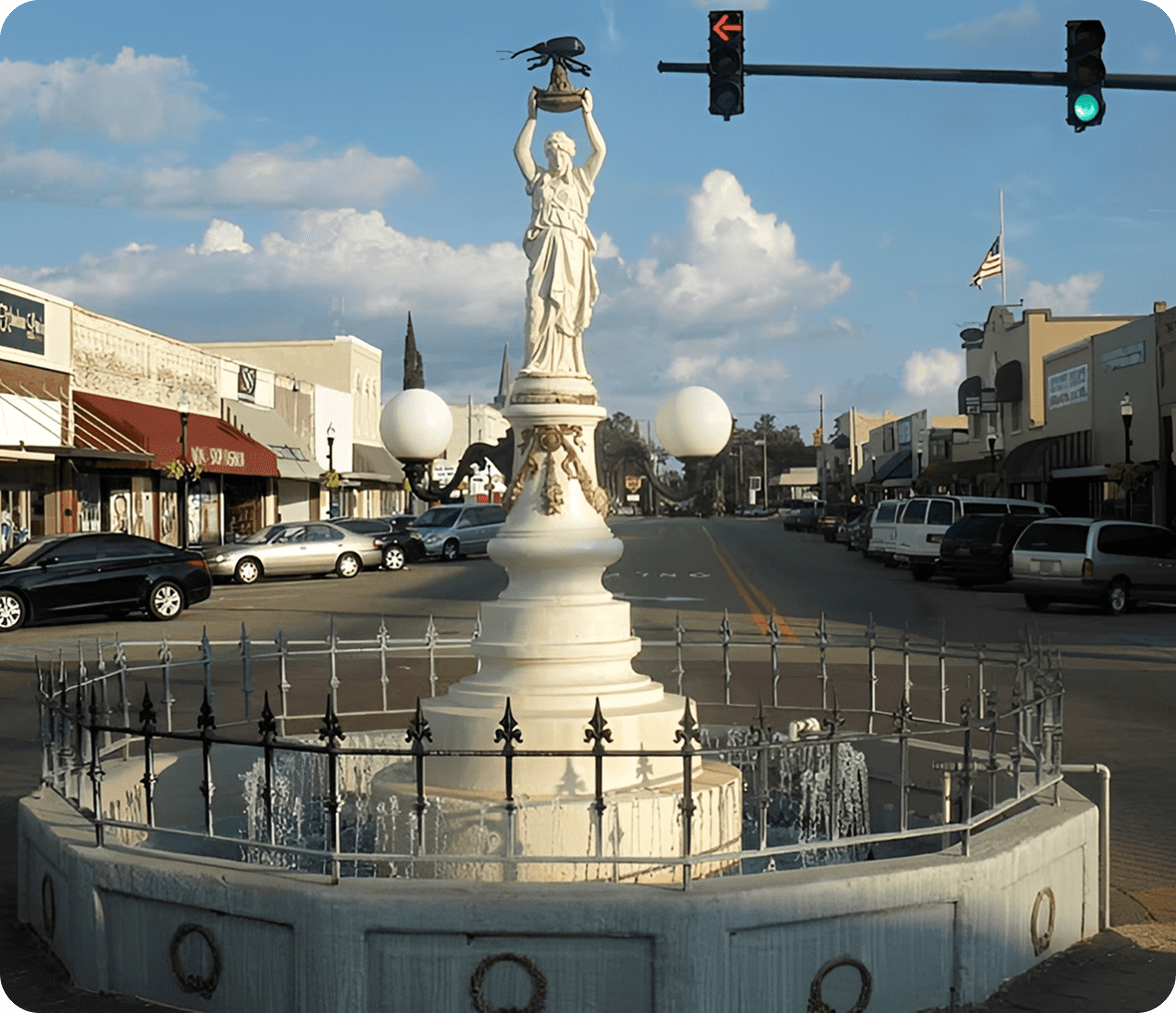 Downtown street with central statue fountain