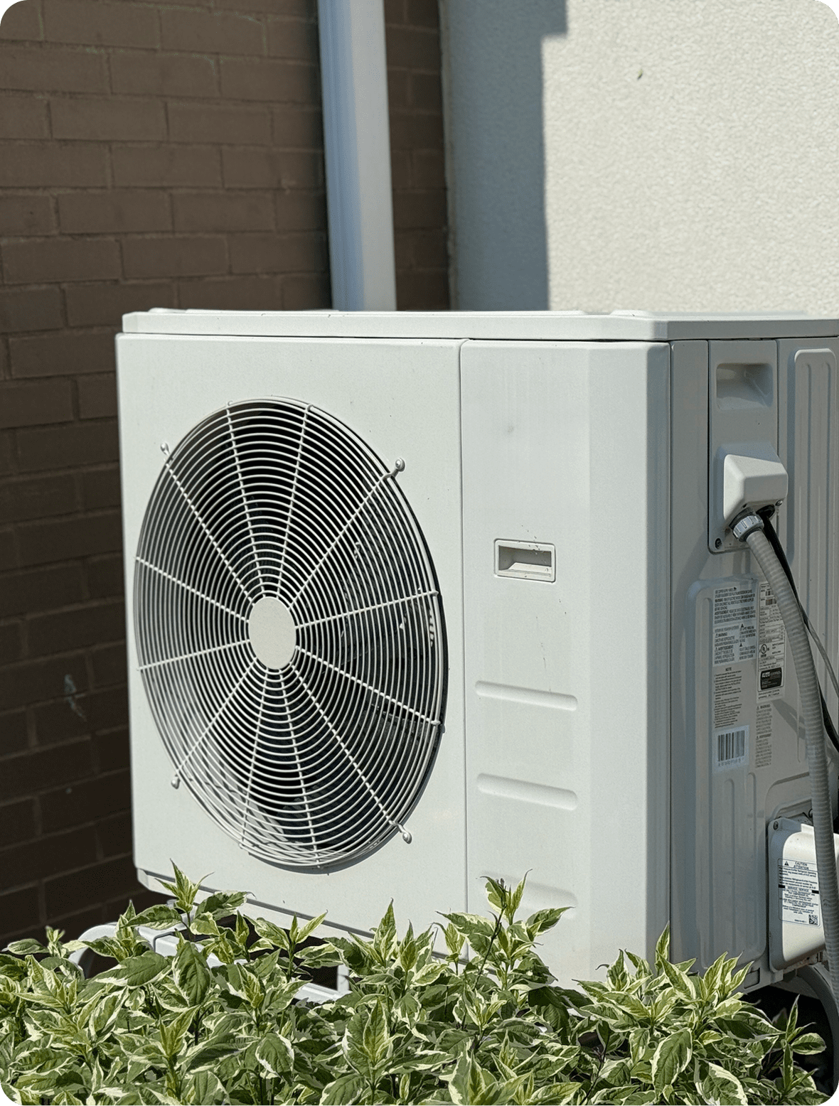 Outdoor AC unit with fan and plants